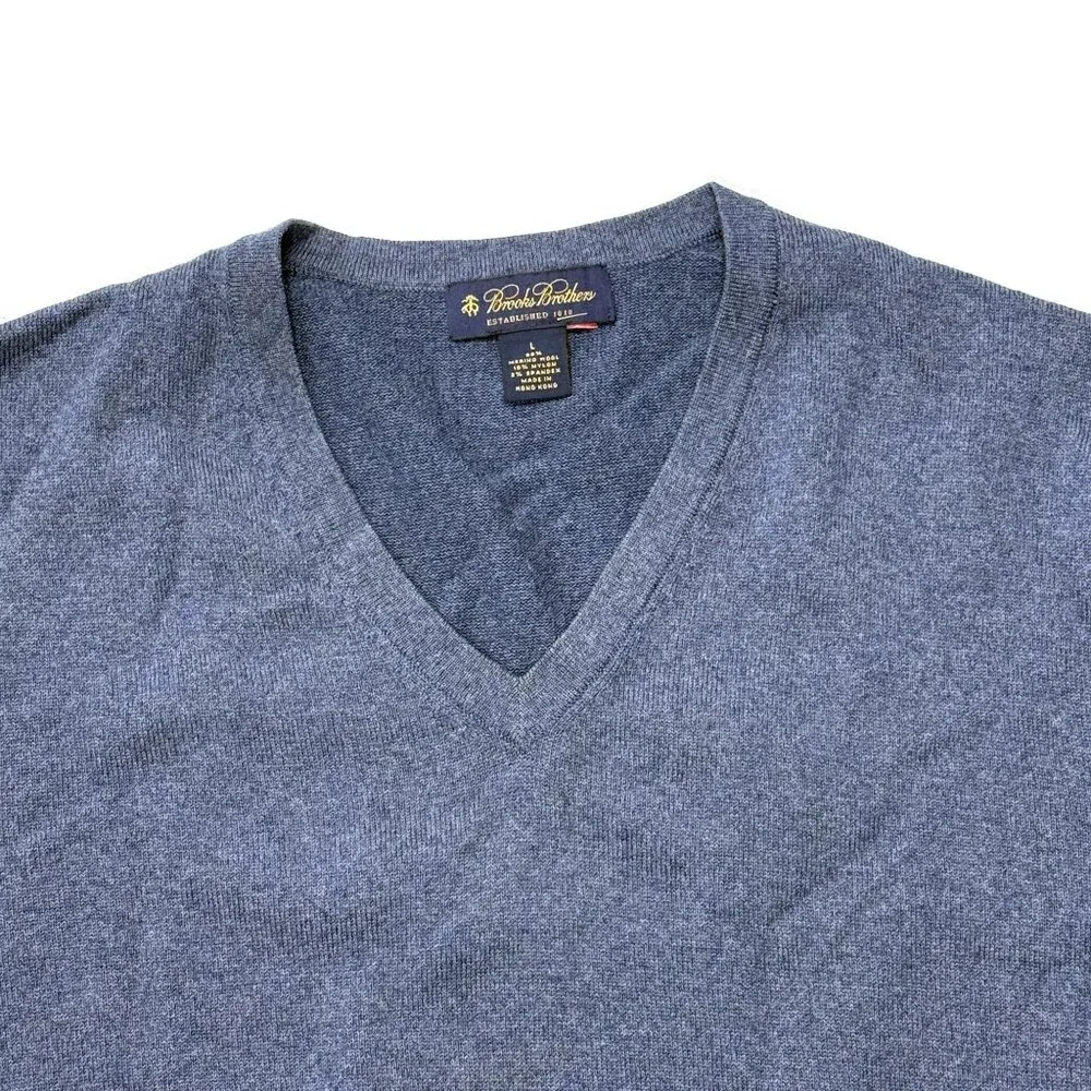 Brooks Brothers Sweater Mens Large Blue V-Neck‎ Merino Wool Stretch Pullover